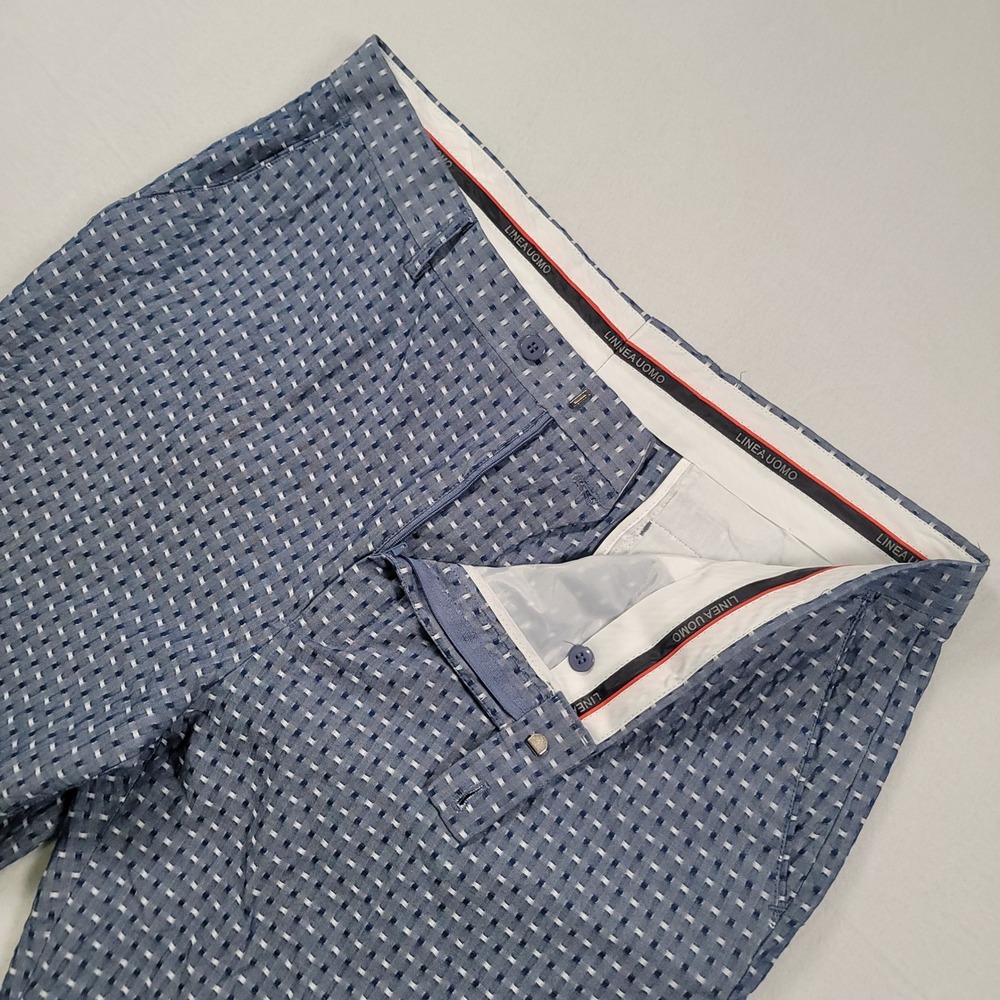 Linea Uomo Shorts Men 40 Blue Geometric Textured Cotton Flat Front Casual